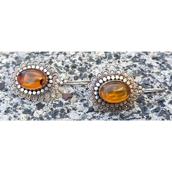 925 Sterling Silver Natural Baltic Amber Hook Earrings Vintage - Signed BA Bali - Picture 1 of 8
